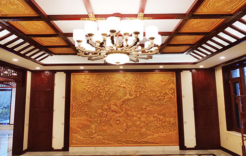 九龙坡中式别墅客厅中式木作横梁吊顶装饰展示