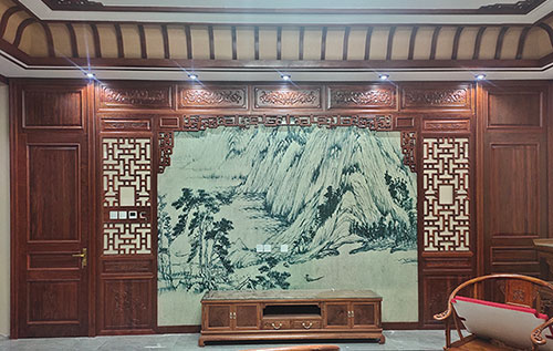 九龙坡中式仿古别墅客厅背景墙花格木作装饰